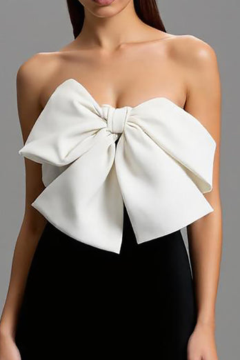 Schwarz und Weiß Satin Trägerlos Lang Abendkleid mit Schleifen