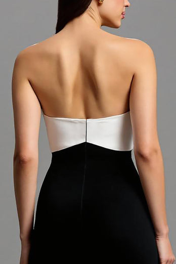 Schwarz und Weiß Satin Trägerlos Lang Abendkleid mit Schleifen