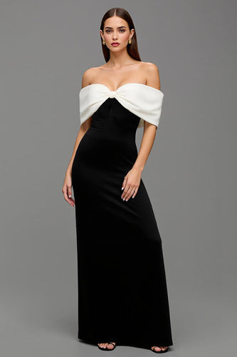 Schwarz und Weiß Schulterfrei Satin Lang Abendkleid