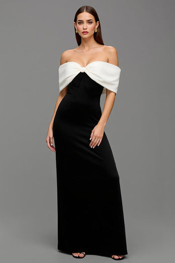 Schwarz und Weiß Schulterfrei Satin Lang Abendkleid