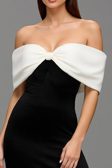 Schwarz und Weiß Schulterfrei Satin Lang Abendkleid