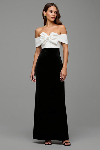 Schwarz und Weiß Satin Etuikleid Lang Abendkleid mit Schleifen