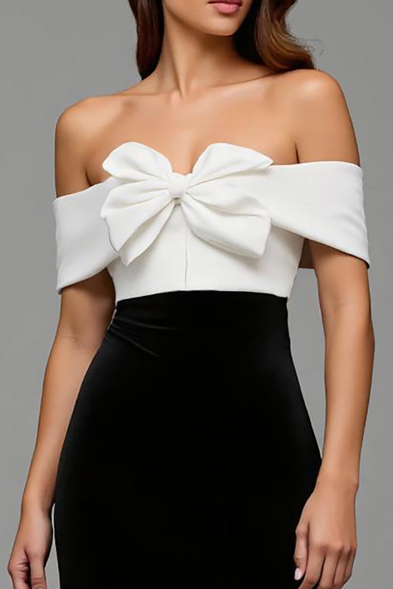 Laden Sie das Bild in den Galerie-Viewer, Schwarz und Weiß Satin Etuikleid Lang Abendkleid mit Schleifen