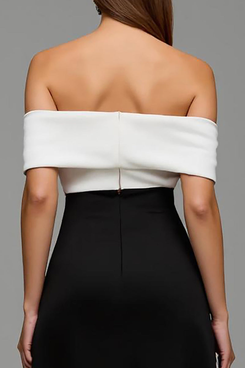 Laden Sie das Bild in den Galerie-Viewer, Schwarz und Weiß Satin Etuikleid Lang Abendkleid mit Schleifen