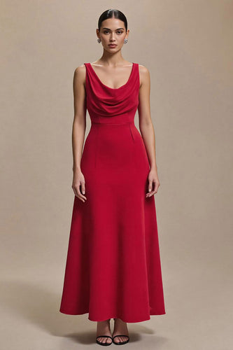 Einfaches Rotes Satin A-Linie Kapuzen-Ausschnitt Lang Formelle Kleid