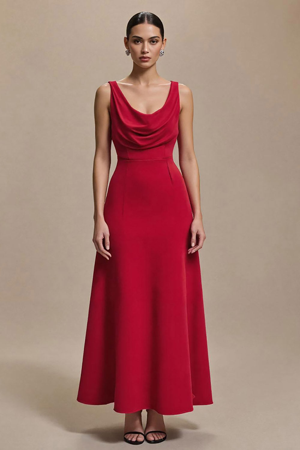 Einfaches Rotes Satin A-Linie Kapuzen-Ausschnitt Lang Formelle Kleid