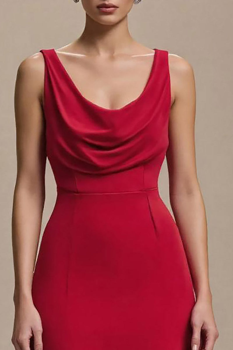 Laden Sie das Bild in den Galerie-Viewer, Einfaches Rotes Satin A-Linie Kapuzen-Ausschnitt Lang Formelle Kleid