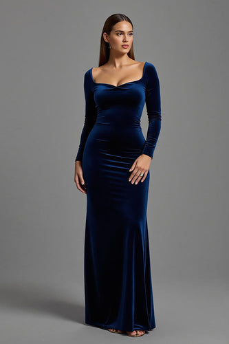 Einfach Marine Langarm Samt Abendkleid