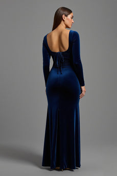 Einfach Marine Langarm Samt Abendkleid
