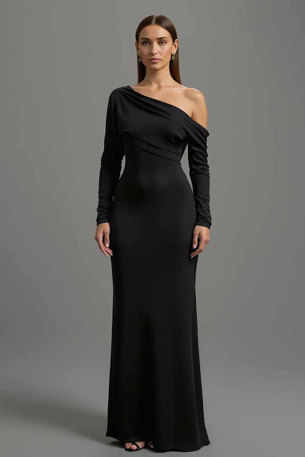 Schwarz Ein Schulter Satin Lang Abendkleid mit Ärmeln