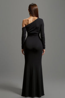 Schwarz Ein Schulter Satin Lang Abendkleid mit Ärmeln