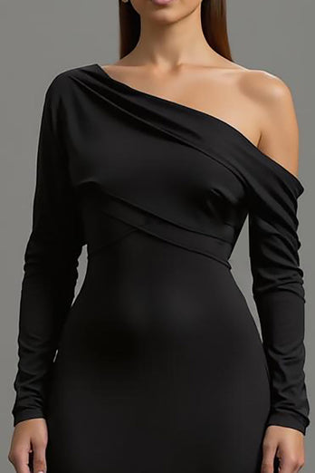 Schwarz Ein Schulter Satin Lang Abendkleid mit Ärmeln