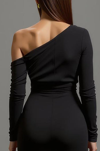 Schwarz Ein Schulter Satin Lang Abendkleid mit Ärmeln