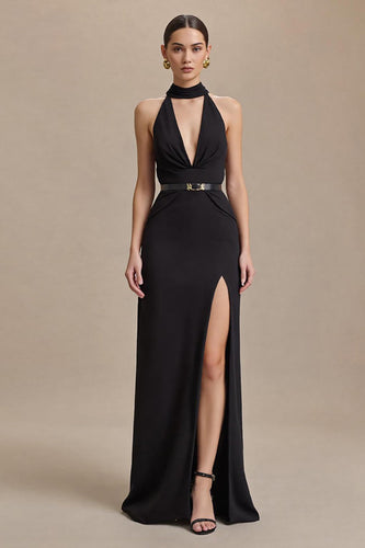 Schwarz Satin Neckholder Etuikleid Lang Abendkleid mit Schlitz
