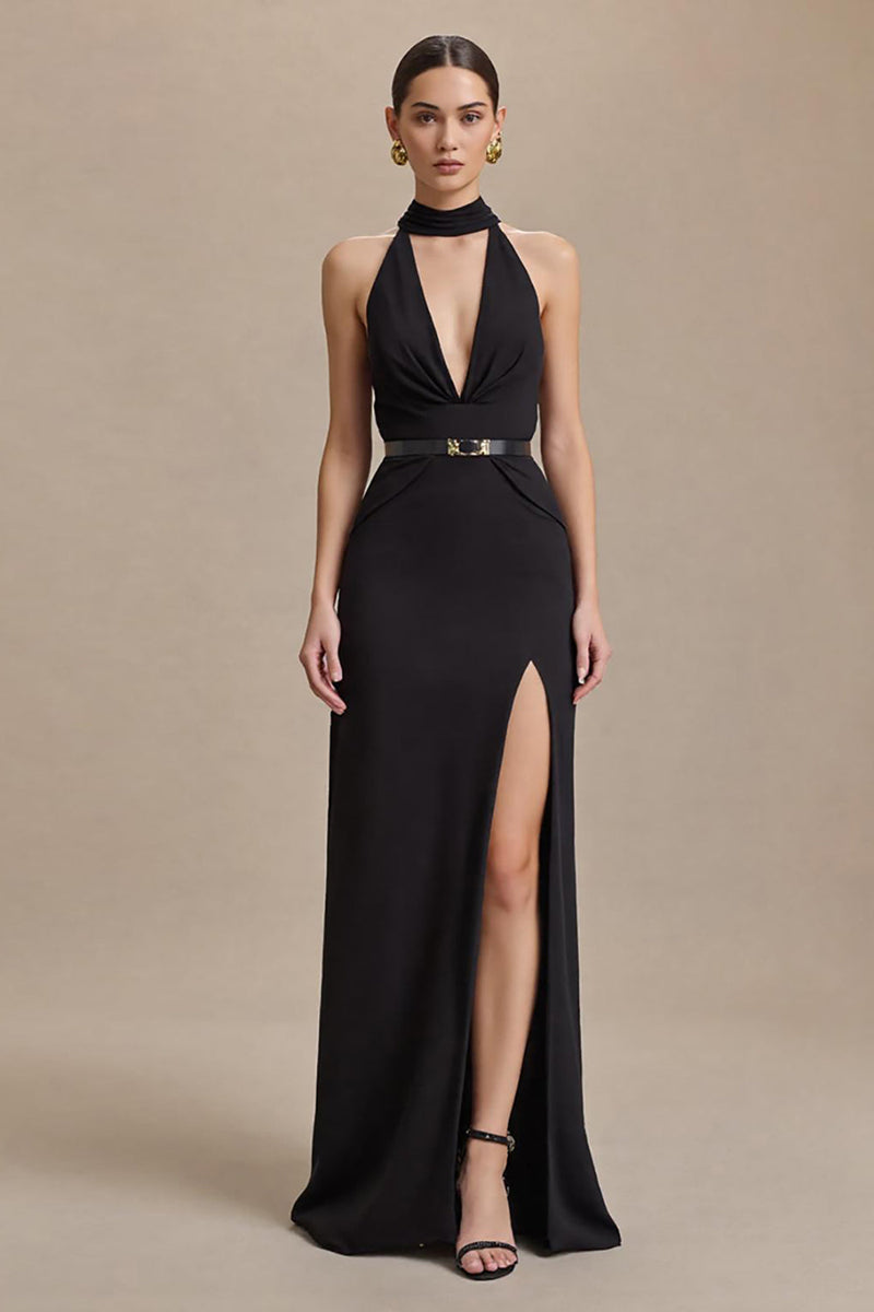 Laden Sie das Bild in den Galerie-Viewer, Schwarz Satin Neckholder Etuikleid Lang Abendkleid mit Schlitz