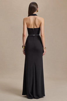 Schwarz Satin Neckholder Etuikleid Lang Abendkleid mit Schlitz