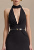 Laden Sie das Bild in den Galerie-Viewer, Schwarz Satin Neckholder Etuikleid Lang Abendkleid mit Schlitz