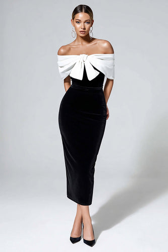 Schwarz und Weiß Samt Bodycon Maxi Cocktailkleid mit Schleife