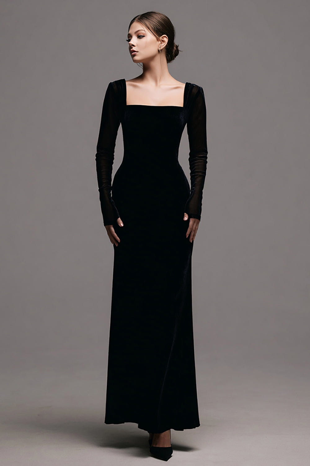 Einfach Schwarz Samt Etuikleid Langarm Abendkleid