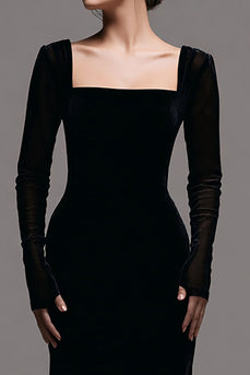 Einfach Schwarz Samt Etuikleid Langarm Abendkleid
