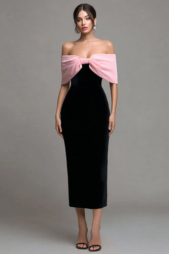 Schwarz und Rosa Samt Trägerlos Bodycon Maxi Party Kleid mit Schleife