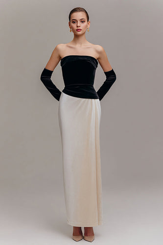 Schwarz und Champagner Samt Trägerlos Etuikleid Lang Abendkleid