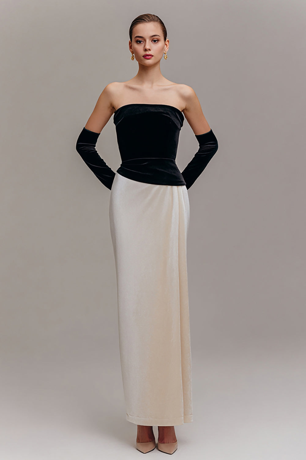 Schwarz und Champagner Samt Trägerlos Etuikleid Lang Abendkleid