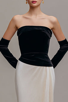 Schwarz und Champagner Samt Trägerlos Etuikleid Lang Abendkleid