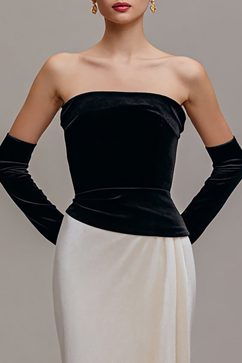 Laden Sie das Bild in den Galerie-Viewer, Schwarz und Champagner Samt Trägerlos Etuikleid Lang Abendkleid