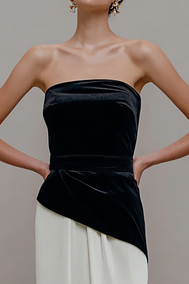 Laden Sie das Bild in den Galerie-Viewer, Schwarz und Weiß Samt Etuikleid Patchwork Lang Abendkleid