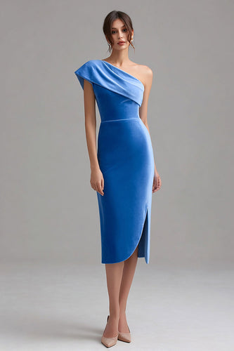 Blau Samt Ein Schulter Midi Bodycon Cocktailkleid mit Schlitz