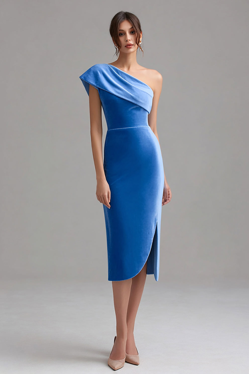 Blau Samt Ein Schulter Midi Bodycon Cocktailkleid mit Schlitz