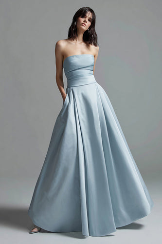 Himmelblau Satin Trägerlos Gerafft A Linie Lang Abendkleid