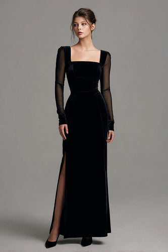 Schwarz Etuikleid Samt Langarm Abendkleid mit Schlitz