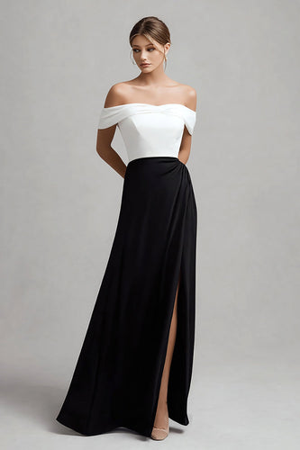 Schwarz und Weiß Satin Schulterfrei Lang Abendkleid mit Schlitz