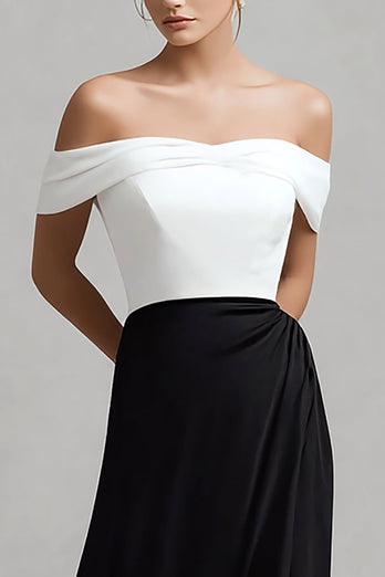 Schwarz und Weiß Satin Schulterfrei Lang Abendkleid mit Schlitz