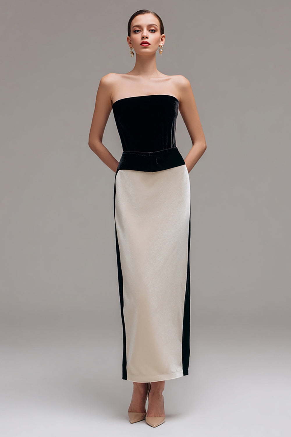Schwarz und Champagner Etuikleid Patchwork Lang Formelle Kleid