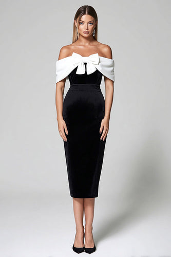 Schwarz und Weiß Bodycon Schulterfrei Midi Cocktailkleid mit Schleife