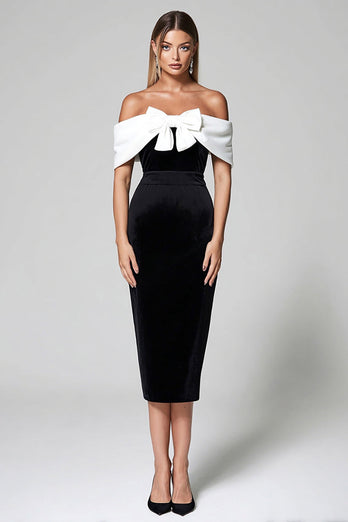 Schwarz und Weiß Bodycon Schulterfrei Midi Cocktailkleid mit Schleife
