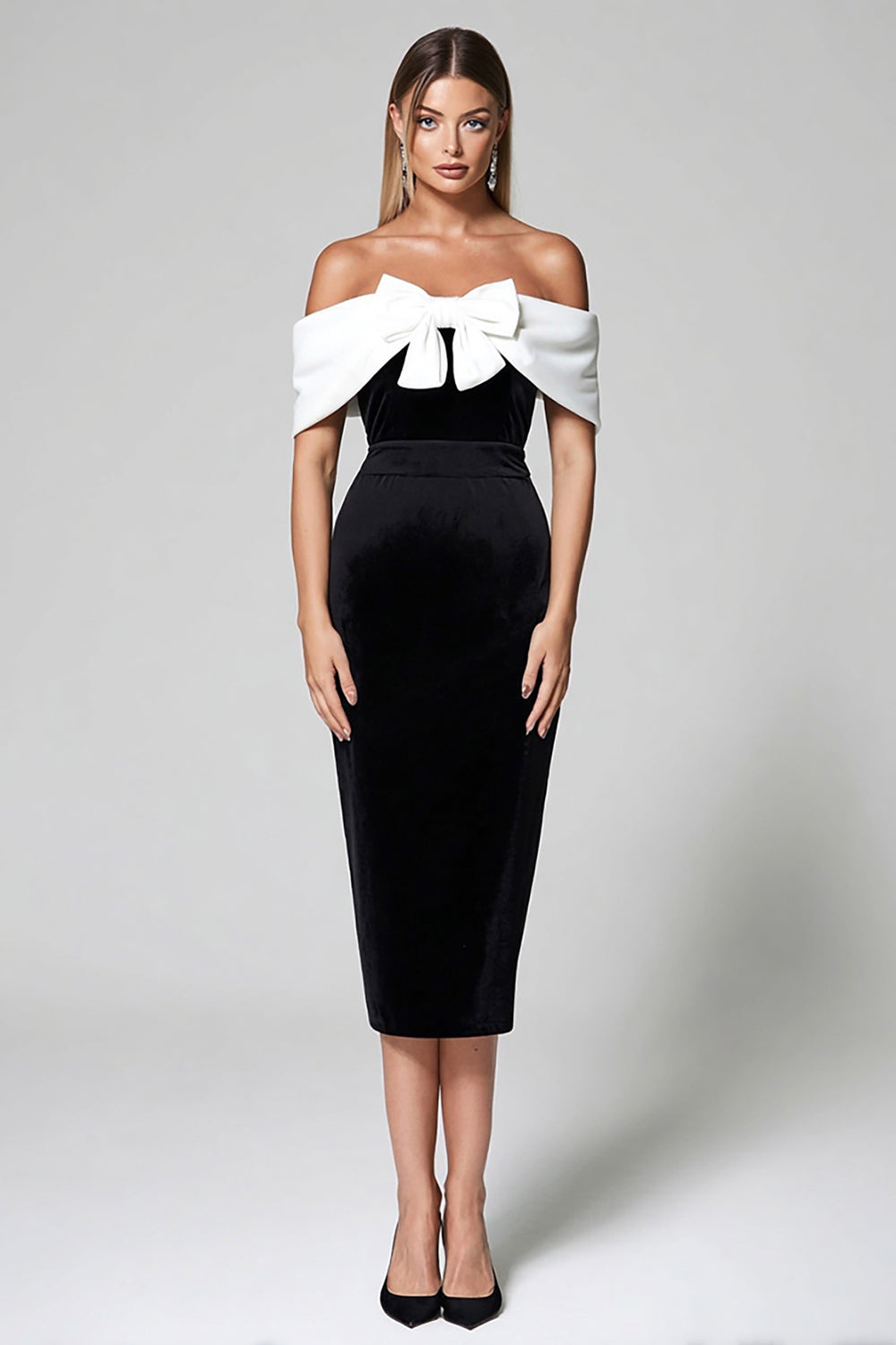 Schwarz und Weiß Bodycon Schulterfrei Midi Cocktailkleid mit Schleife