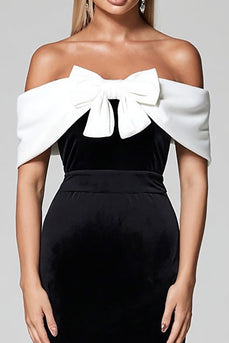 Schwarz und Weiß Bodycon Schulterfrei Midi Cocktailkleid mit Schleife