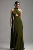 Laden Sie das Bild in den Galerie-Viewer, Oliv Satin Neckholder Schlüsselloch Lang Abendkleid Kleid mit Cape