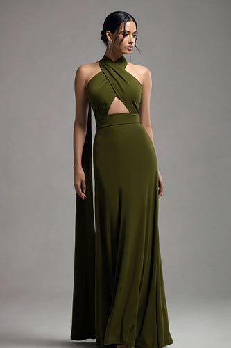 Oliv Satin Neckholder Schlüsselloch Lang Abendkleid Kleid mit Cape