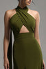 Laden Sie das Bild in den Galerie-Viewer, Oliv Satin Neckholder Schlüsselloch Lang Abendkleid Kleid mit Cape