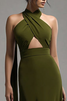 Oliv Satin Neckholder Schlüsselloch Lang Abendkleid Kleid mit Cape