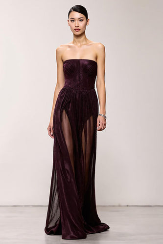 Einfach Kaffee Etuikleid Trägerlos Lang Abendkleid