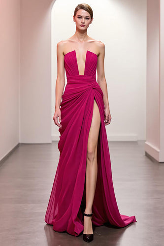 Rosa Trägerlos Gerafft Maxi Abendkleid mit Schlitz