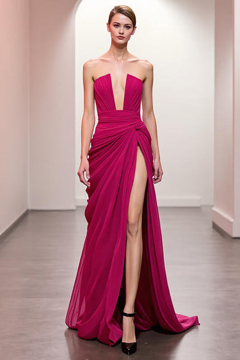 Rosa Trägerlos Gerafft Maxi Abendkleid mit Schlitz