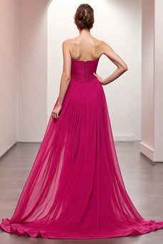Rosa Trägerlos Gerafft Maxi Abendkleid mit Schlitz