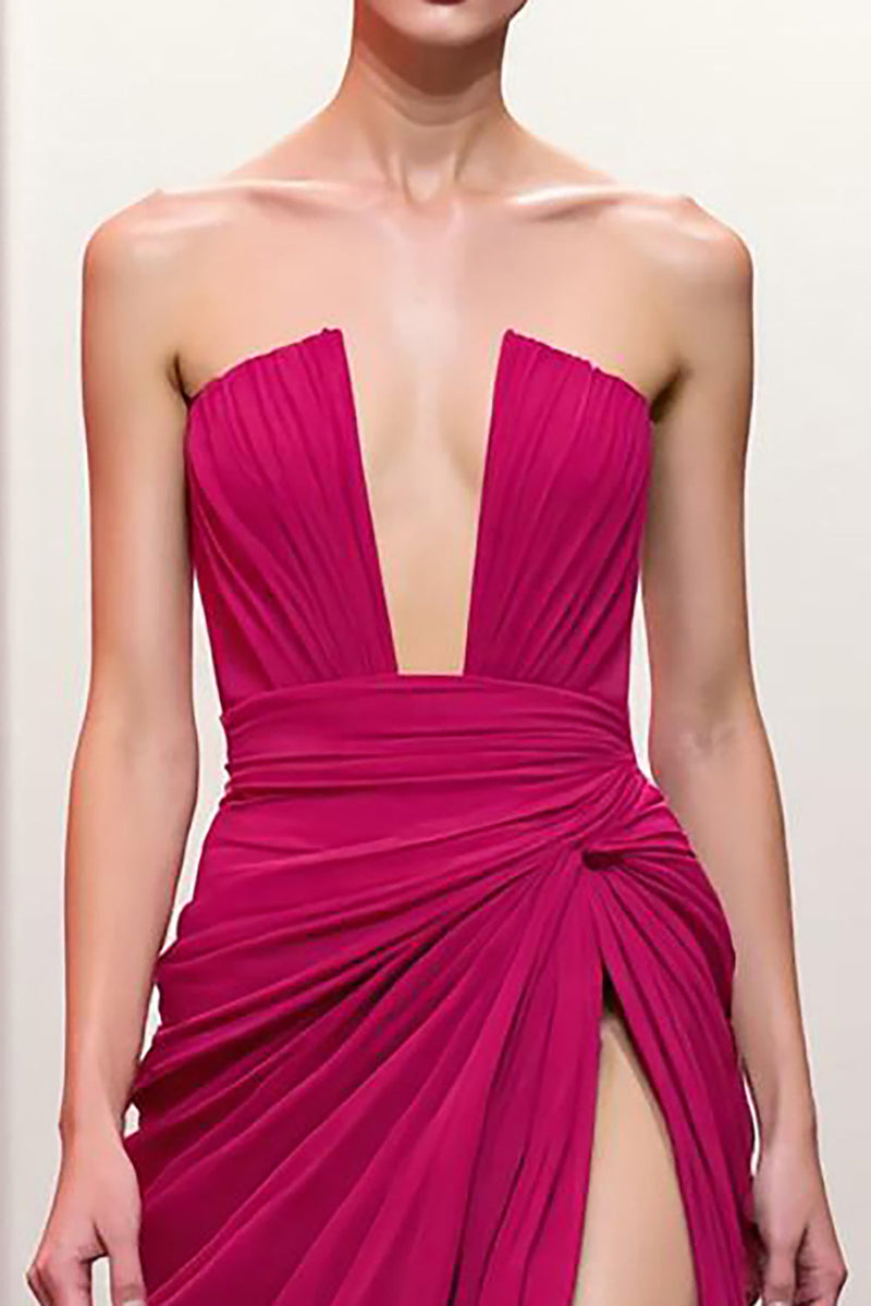 Laden Sie das Bild in den Galerie-Viewer, Rosa Trägerlos Gerafft Maxi Abendkleid mit Schlitz